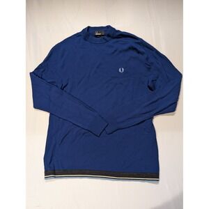 Fred Perry Mens Large 100% Merino Wool Crew Neck Sweater Blue Logo